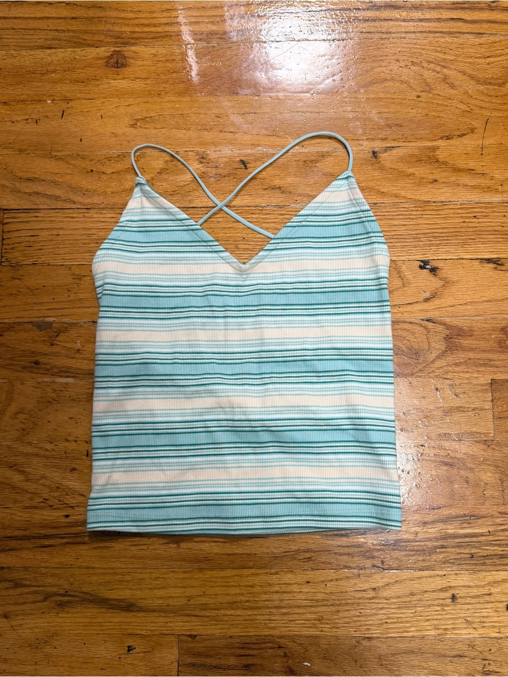 American Eagle Outfitters Striped Cross-Back Tank - Aqua & White